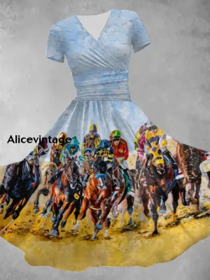 Women's Derby Horse Print V-Neck Short Sleeve Vintage Midi Dress Derby Dress