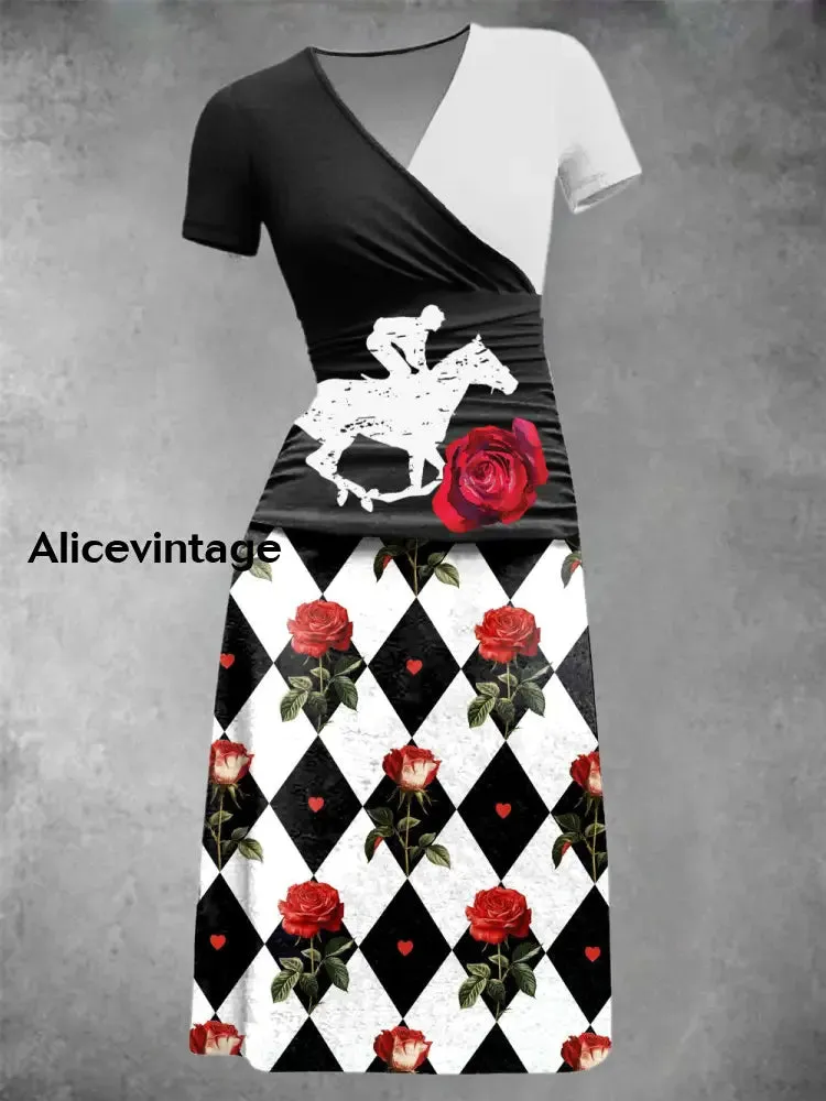 Women's Derby Rose Art Print Short Sleeve Vintage Midi Dress