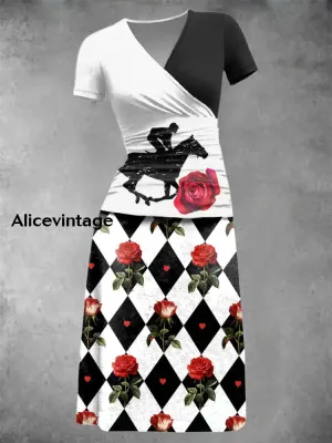 Women's Derby Rose Art Print Short Sleeve Vintage Midi Dress