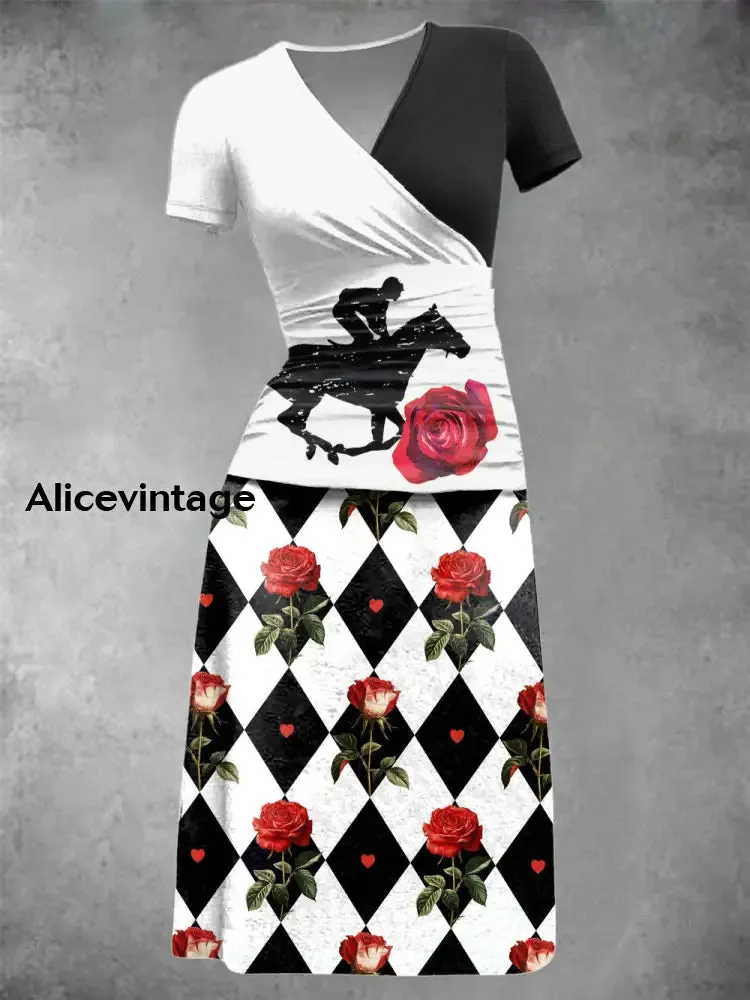 Women's Derby Rose Art Print Short Sleeve Vintage Midi Dress