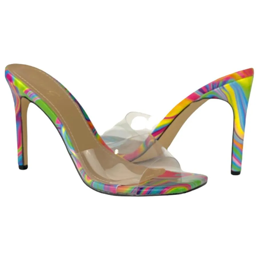 Women's High Heel Square Toe Slip On Sandals