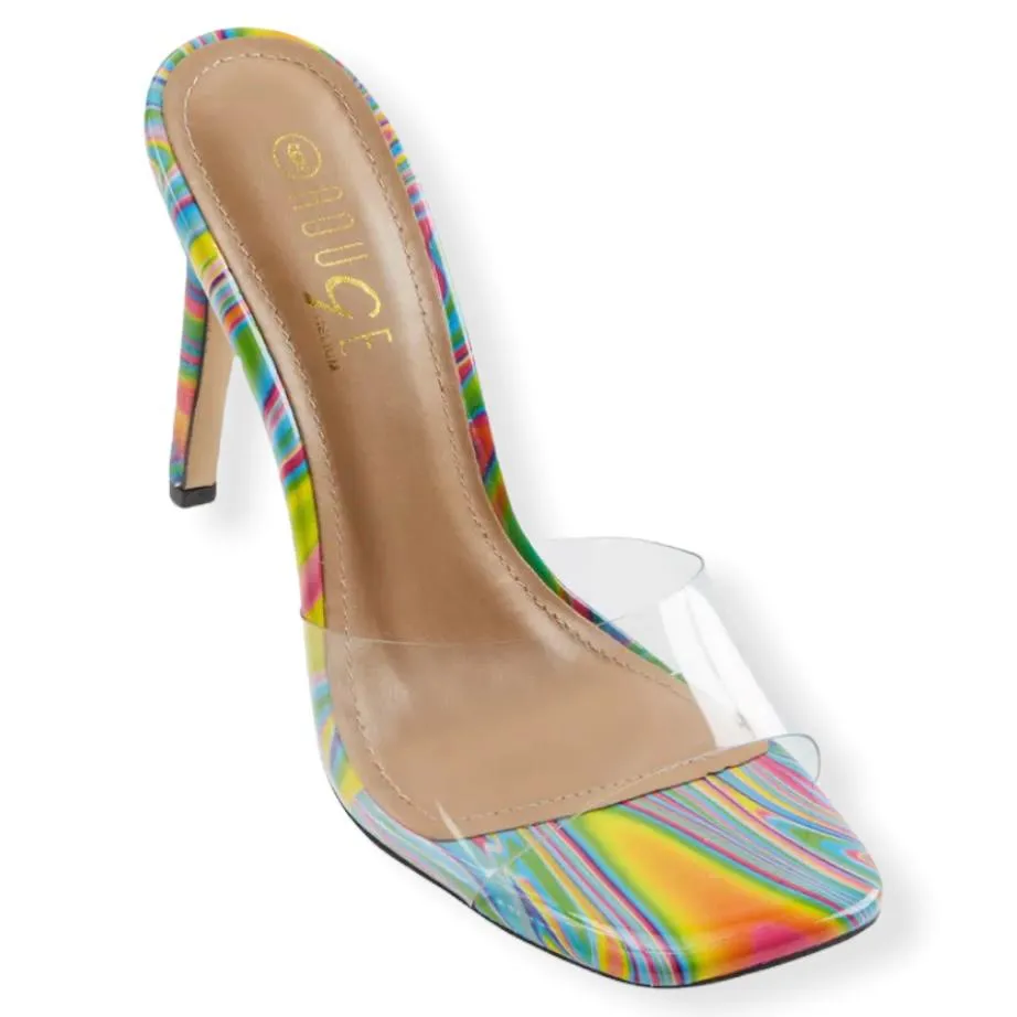Women's High Heel Square Toe Slip On Sandals