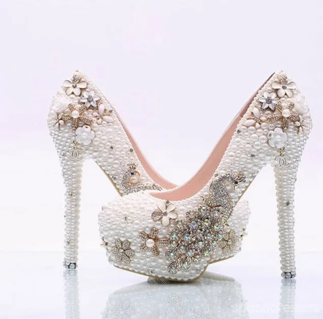 Women's Wedding Shoes Decorative Heel Wedding Heels Bridal Shoes With Beading