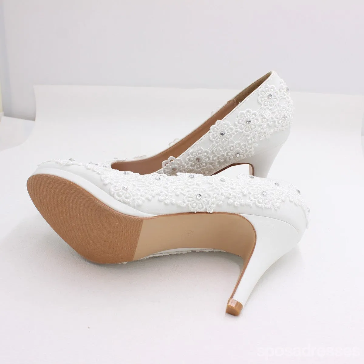 Women's Wedding Shoes Decorative White Lace Wedding Heels Bridal Shoes, H84