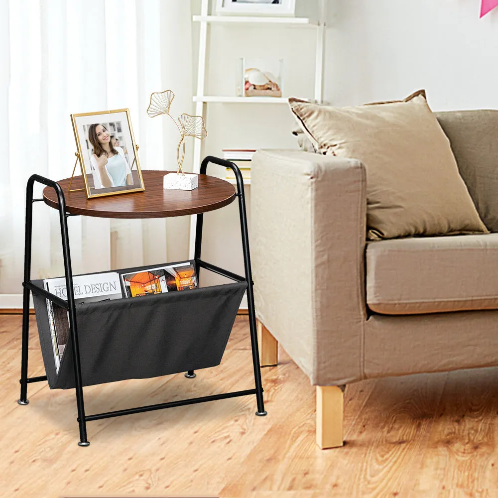 Wood Color Two-Layer Trapezoidal Belt Oxford PVC Waterproof Cloth Book Bag Wrought Iron Side Table