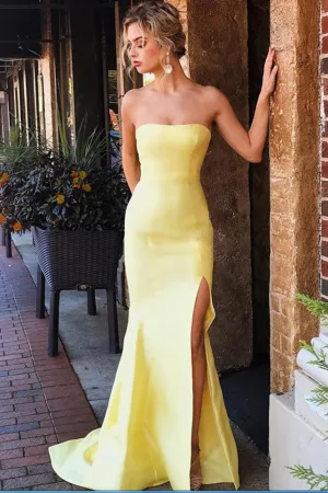 Yellow Mermaid Elegant Strapless Satin Long Prom Dress With Slit OKA31