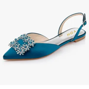 YND SATIN FLAT POINTED TOE PUMP LARGE RHINESTONE VAMP BUCKLE SIZE 10 TEAL